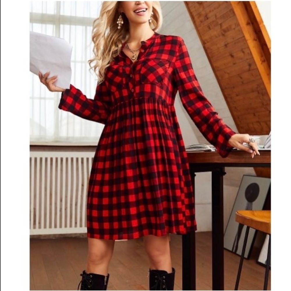 NWT Black & Red Buffalo Check Empire-Waist Dress